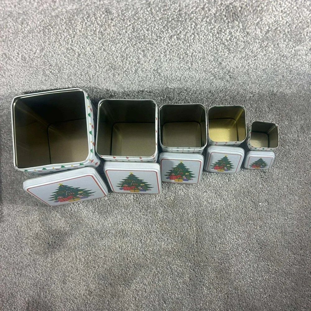 Nesting Christmas Tins White Green Red Holiday Storage Set‎ of 5